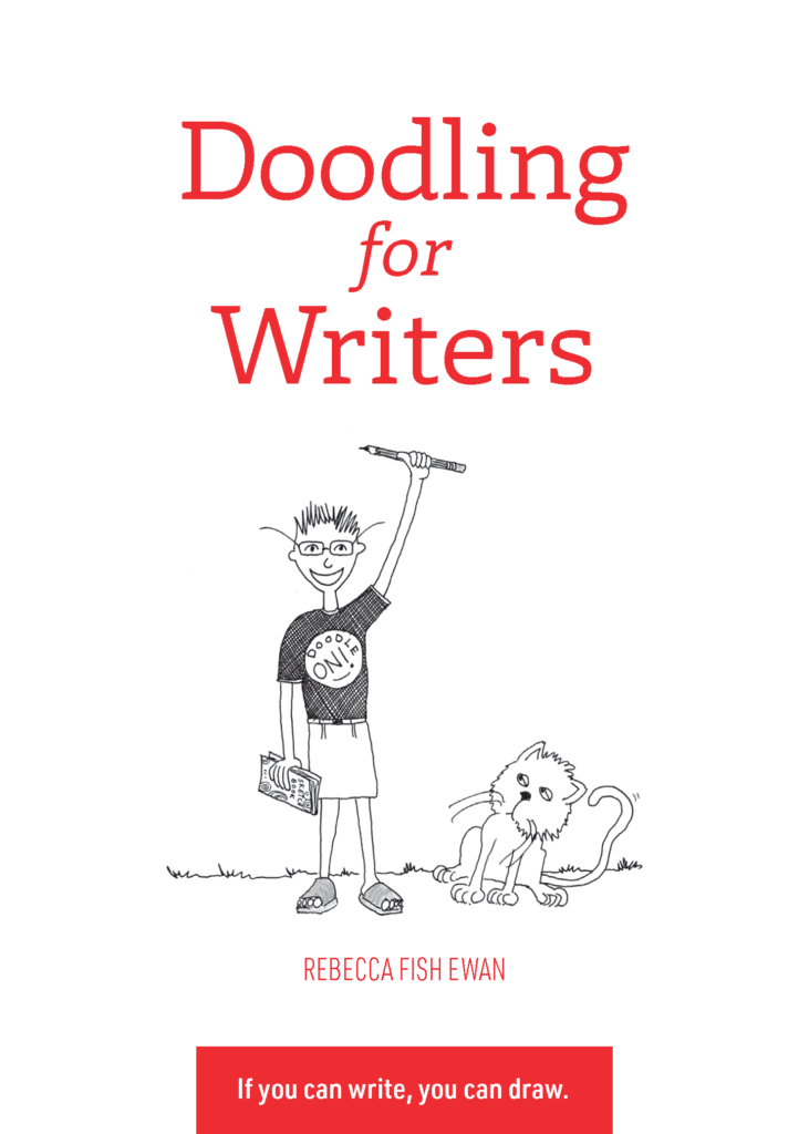 cover of doodling for writers - illustration of author with a pencil along wit a snarky cat giving sideeye