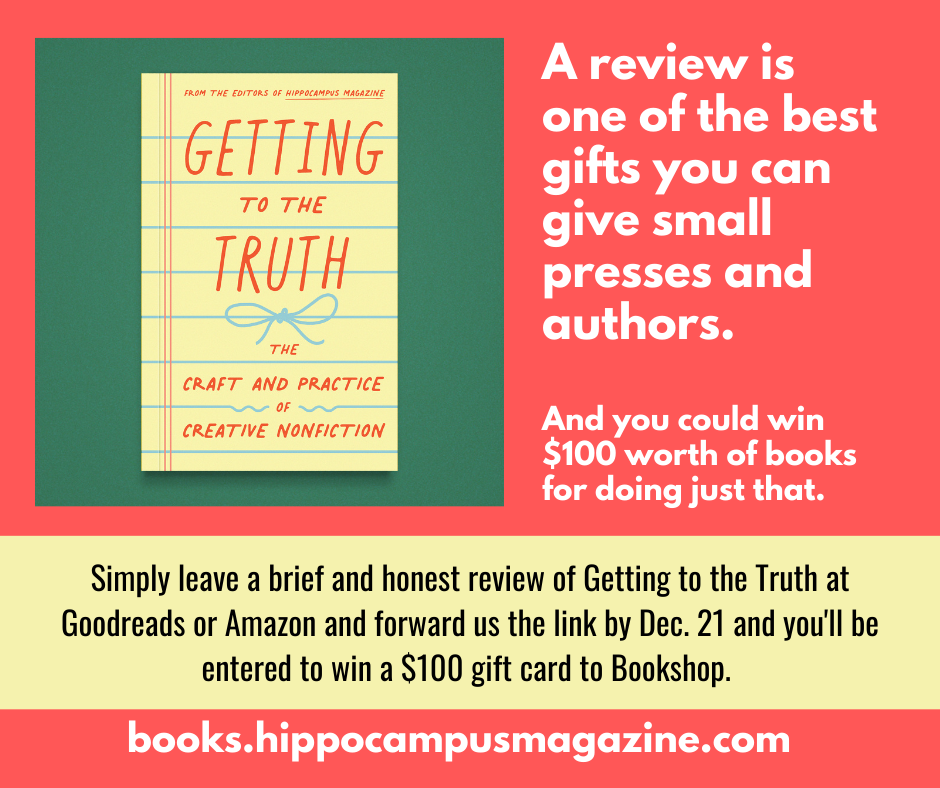 graphic that explains contest: review getting to the truth by dec, 21 and send the link for a chance to win $100 gift card to bookshop